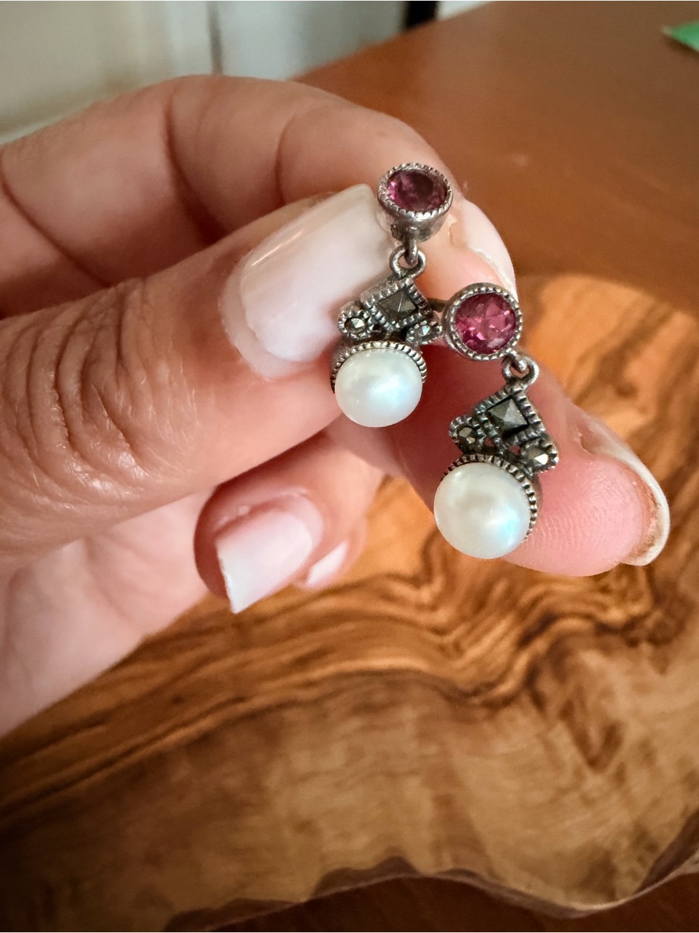 Pink Stone and Pearl Drop Earrings - Sterling Silver Vintage Design